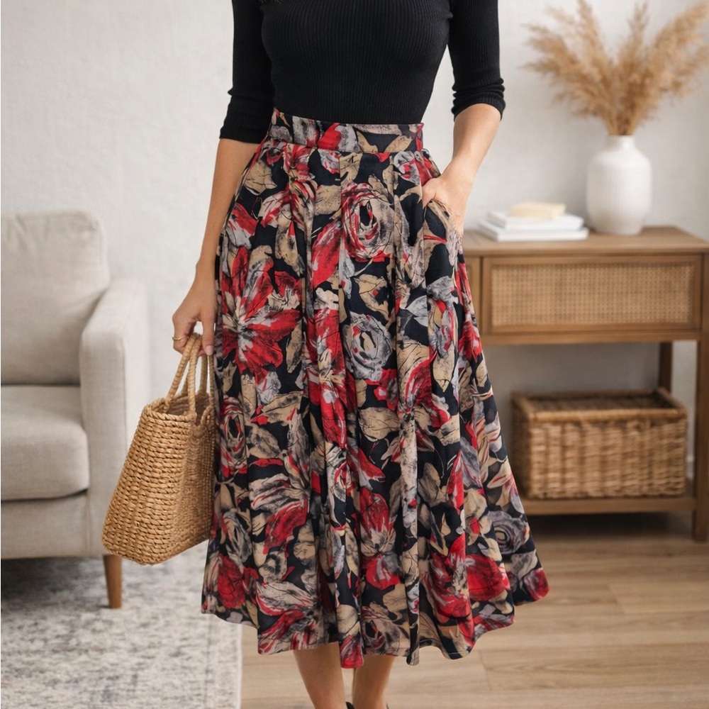 Charles Scott Abstract Floral Midi Skirt | Pockets | Vintage 90s | Fits XS / 0